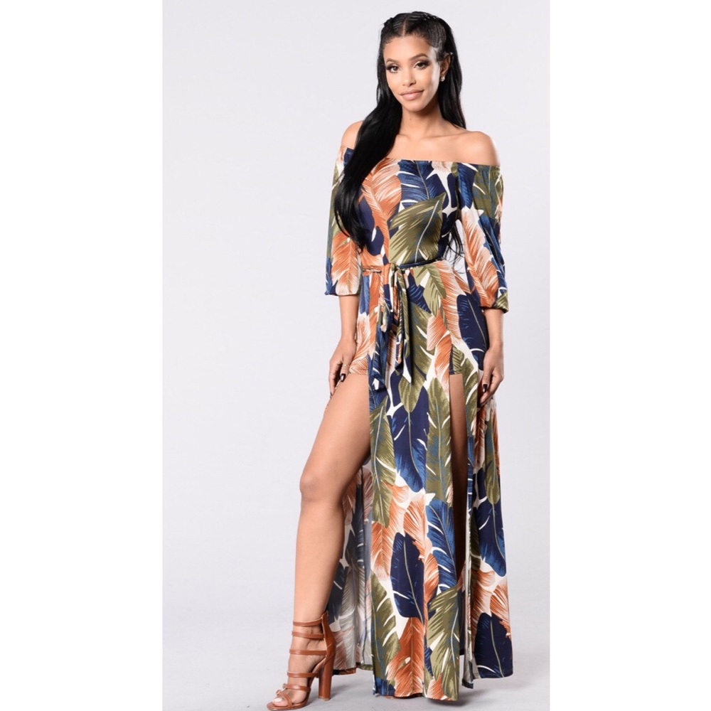 Off Shoulder Printed Maxi Dress - Olive/Navy